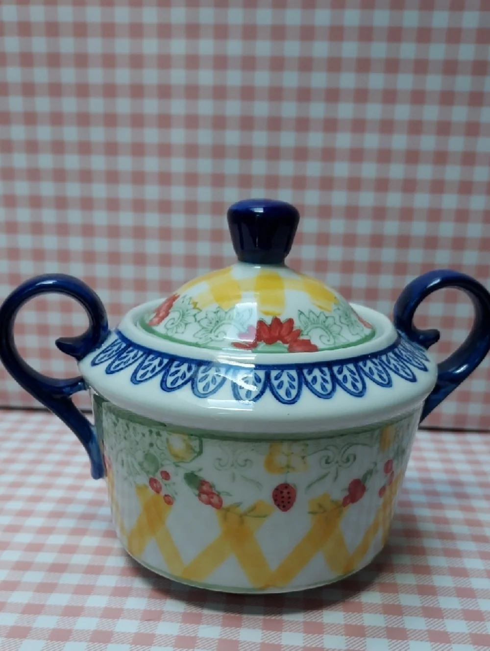 Blue Yellow Strawberry Hand Painted Ceramic Set Pitcher Sugar Bowl Creamer Mug - Picture 8 of 10